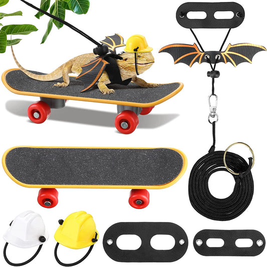 Bearded Dragon Accessory Set - 5-Piece Toy Collection with Adjustable Leashes, Harnesses (S/M/L), Mini Scooter, and Helmet (Black)