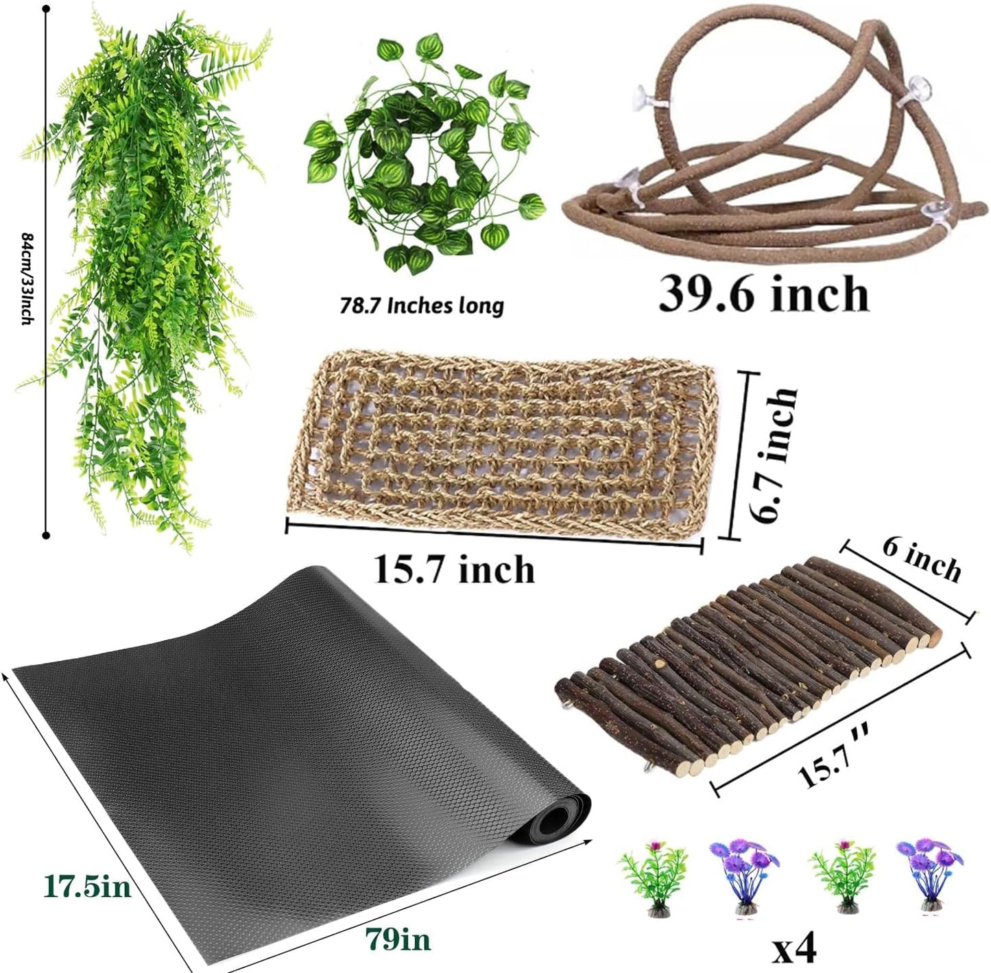 Bearded Dragon Tank Accessories, Reptile Mat Hammock Plants Bridge Jungle Climber Vines Terrarium Decorations for Bearded Dragon Lizard Snake (10 PCS with Reptile Mat)