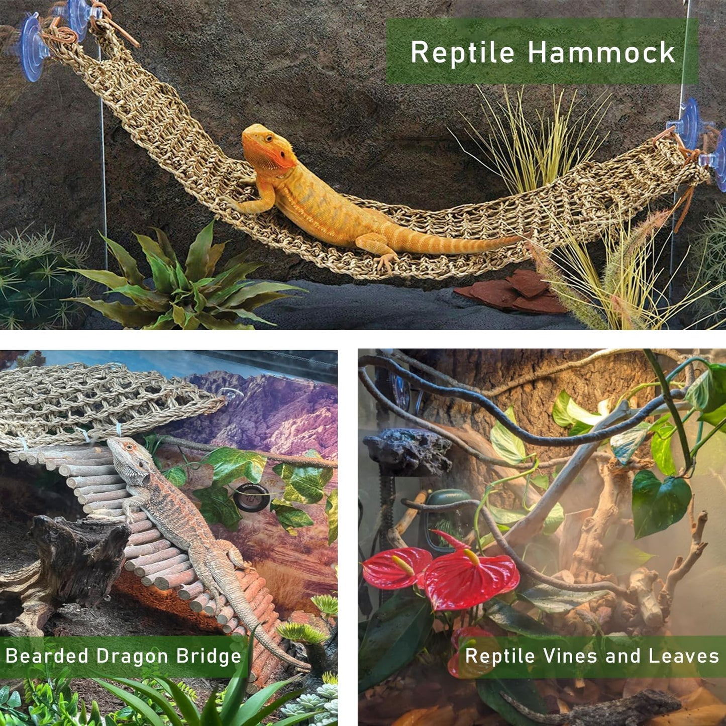 Bearded Dragon Tank Accessories, Reptile Mat Hammock Plants Bridge Jungle Climber Vines Terrarium Decorations for Bearded Dragon Lizard Snake (10 PCS with Reptile Mat)