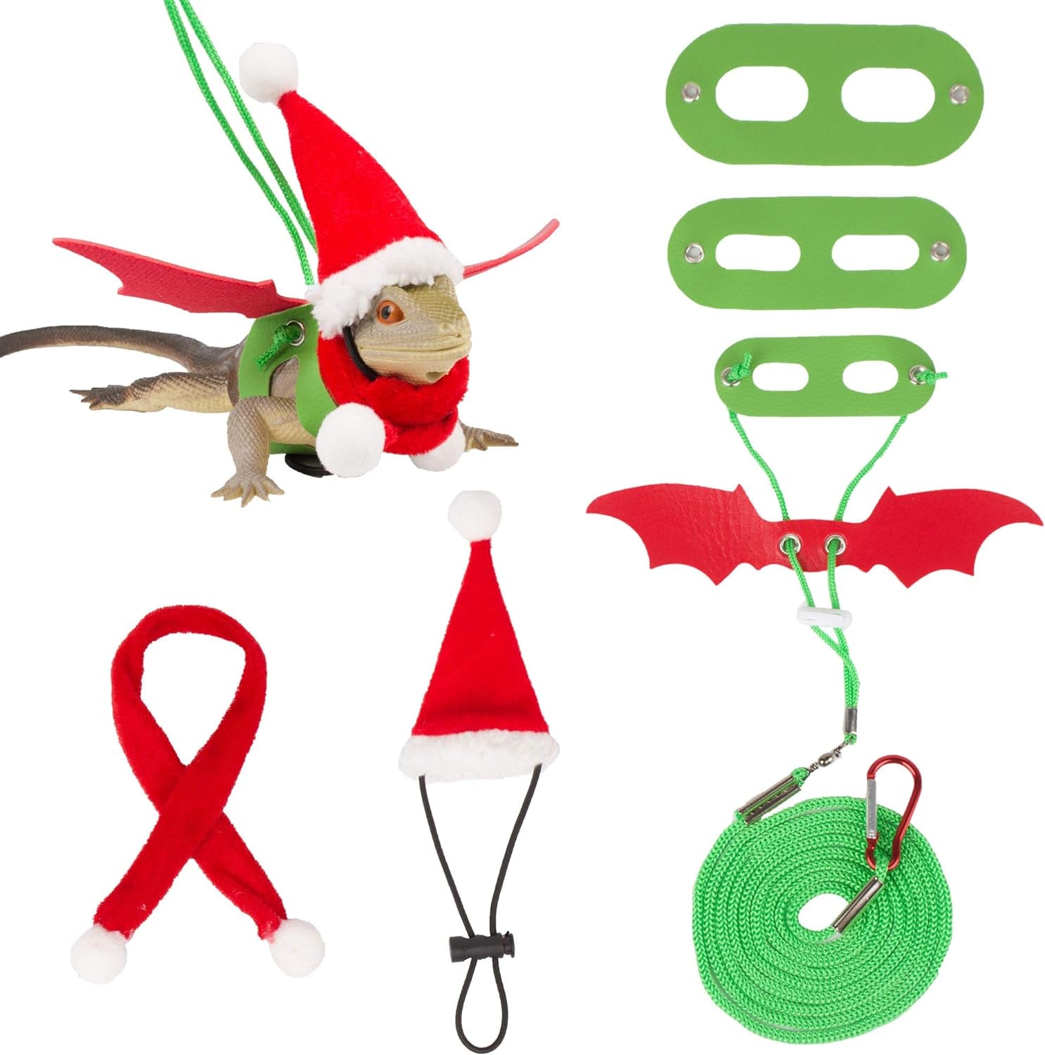 Christmas Bearded Dragon Santa Hat Scarf Lizard Leash Harness Set - Lizard Christmas Costume Christmas Scarf and Hat + 3 Pack Bearded Dragon Harness Leash for Reptile Christmas (Christmas)